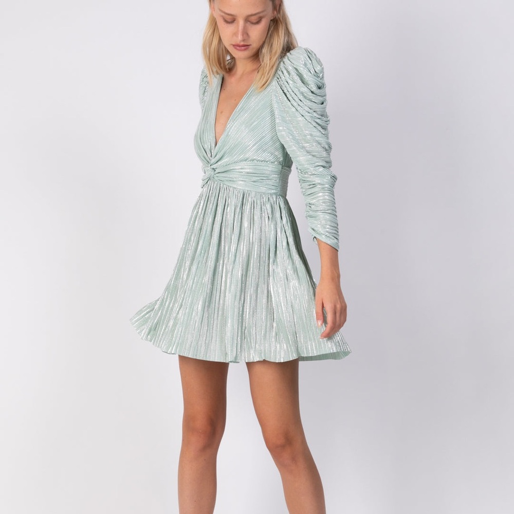 NEW Sabina Musayev Morgana Long Sleeve Pleated Mini Dress Metallic Green Medium